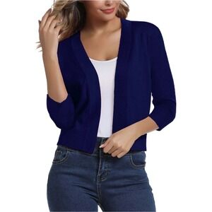 FOLUNSI Navy Blue Cropped Cardigan 3/4 Sleeve Open Front Knit Sweater Size L NWT
